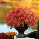 Grunyia Fall Outdoor Artificial Flowers 16 Bundles - UV Resistant Faux Daisy with Eucalyptus Leaves, Weatherproof Fake Plants for Porch, Patio, Garden Decor, Indoor Outdoor Decor (Fall Orange Red)