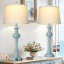 29" Coastal Table Lamp Set of 2, 3-Way Dimmable Touch-Control Bedside Lamps with USB-A+C Ports, Vintage Farmhouse Nightstand Lamps for Bedroom, Retro Blue (Includes 2 LED Bulbs)