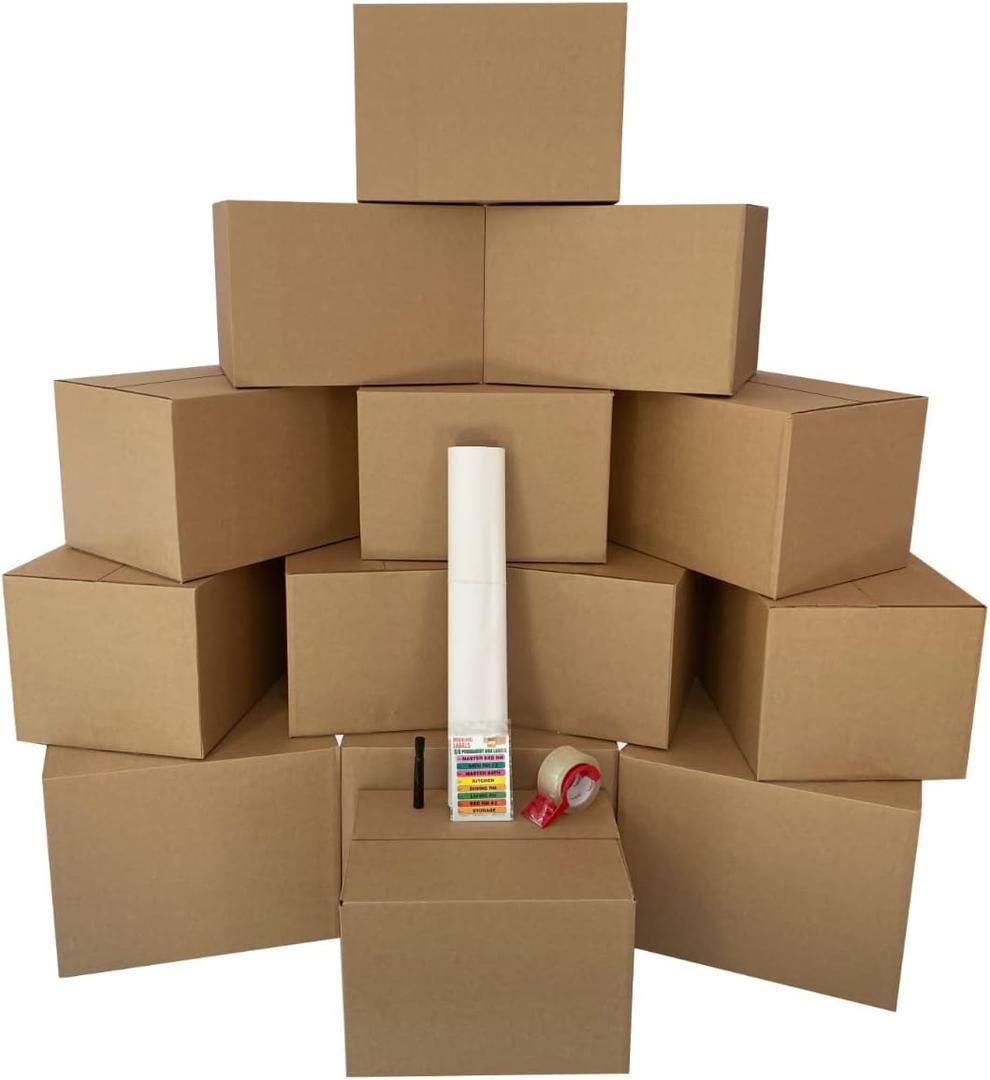 Bigger Boxes Smart Moving Kit #1, Moving Boxes & Supplies, 1 to 2 bedroom Kit, Medium & Large Boxes, 60 Moving Labels, Packing Paper & Packing Tape, Apartment Moving Kit