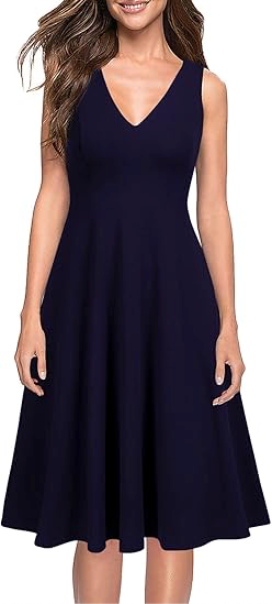 WOOSEA Women's Sleeveless V Neck Vintage Pockets Swing Business Church Dress Navy Blue (Blue, L)