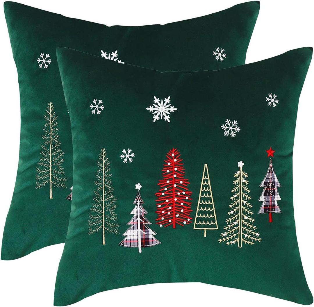 Tosleo Christmas Embroidery Throw Pillow Covers 24 x 24 inch Set of 2 Xmas Dec Velvet Pillowcases Forest Green Christmas Trees Cushion Pillow Cases Soft Square Holiday Pillowcase