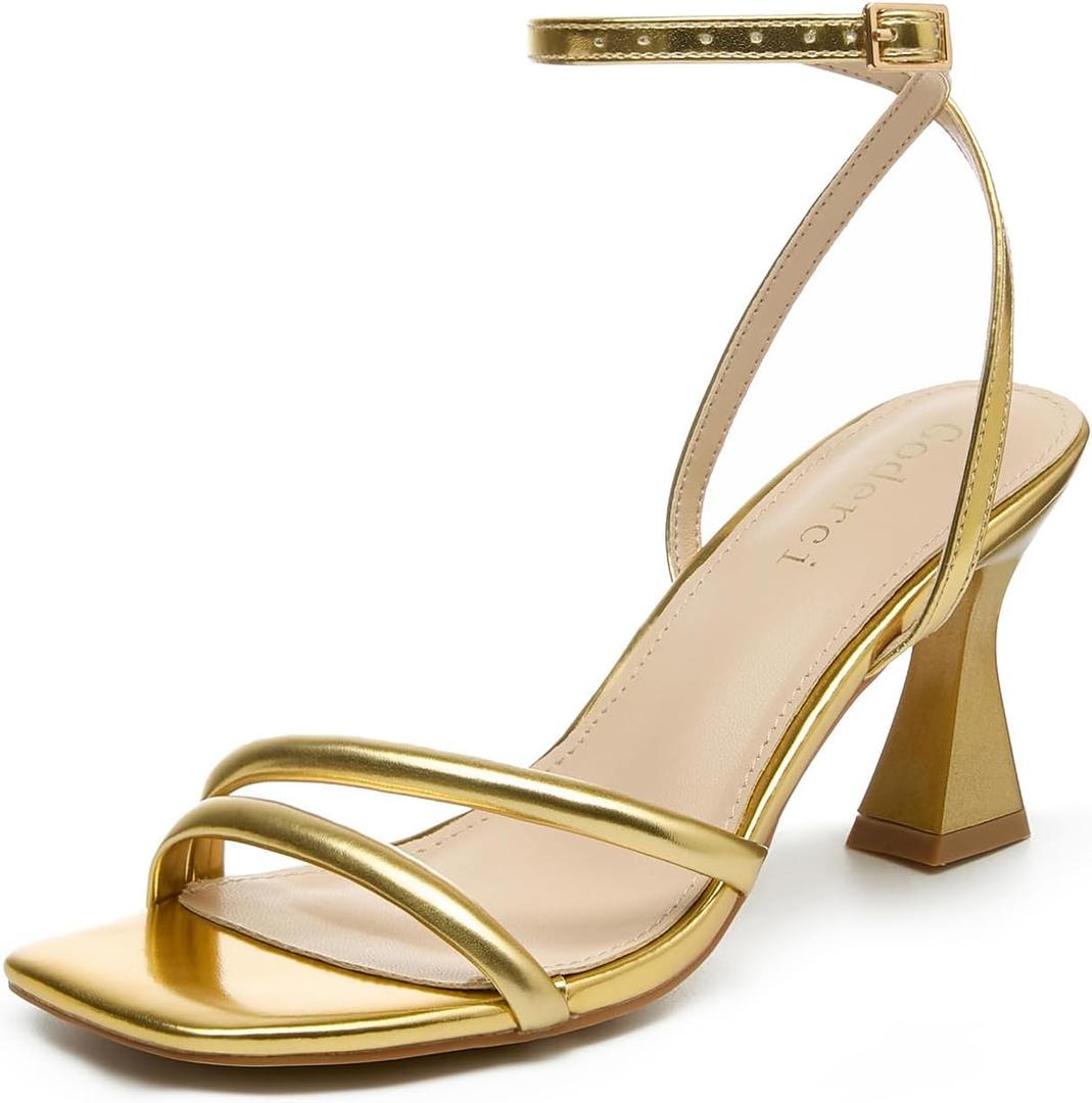Goderci Women's Kitten Strappy Mid heels Square Open Toe Ankle Strap Heeled Sandals (Gold)size 9