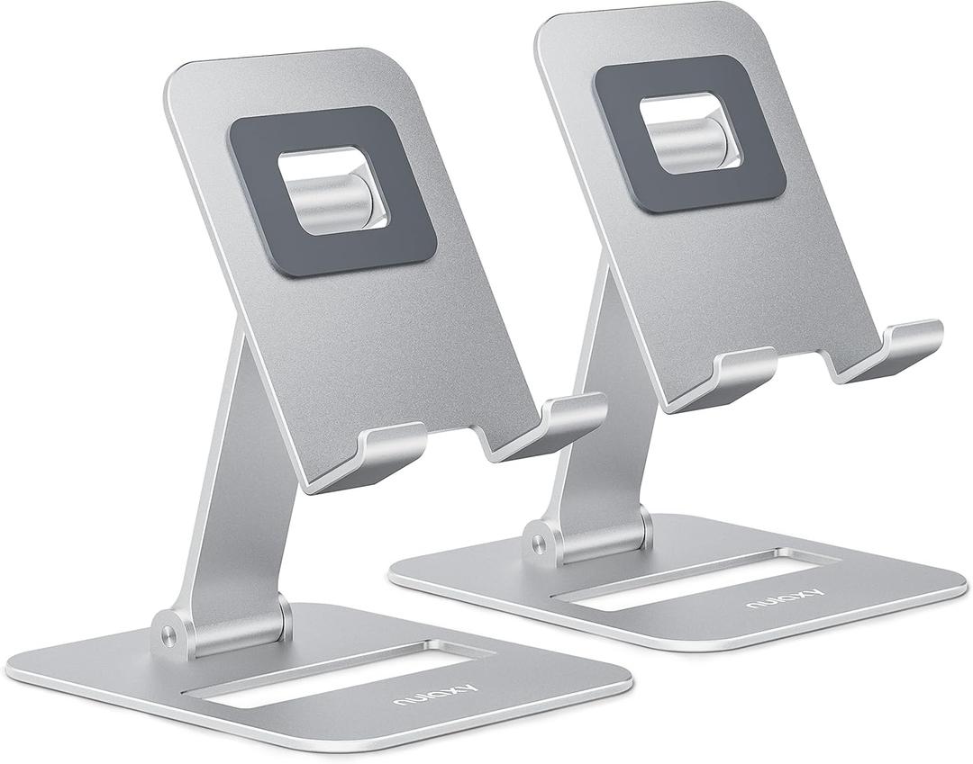 Nulaxy 2 Pack Dual Folding Cell Phone Stand, Fully Adjustable Phone Holder for Desk, Compatible with iPhone 16 15 14 13 12 11, Nintendo Switch, All Phones, Silver