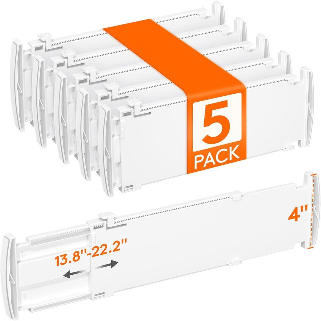 Lifewit 4" Tall 5 Pack Drawer Dividers, 35-56.5cm/13.8-22.2" Expandable Drawer Divider for Clothes, Adjustable Dresser Drawer Organizers, Drawers Separators for Dresser/Bathroom/Closet/Kitchen White