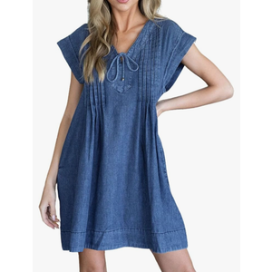 Denim Dress for Women Tie Front V Neck Cap Sleeves Cute Swing A Line Pleated Mini Jean Dress, M, Dark Blue