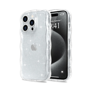 for iPhone 15 Pro Max Case Clear, Cute Sparkly Bling Glitter Curly Wave Frame Transparent Cover for Women Girls Men TPU Bumper Drop Protection Shockproof Phone Case for iPhone 15 Pro Max Clear