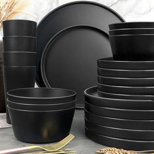 Teivio 24-Piece Kitchen Plastic Coupe Wheat Straw Dinnerware Set, Service for 6, Dinner Plates, Dessert Plate, Cereal Bowls, Cups, Unbreakable Unique Plastic Outdoor Camping Dishes, Black