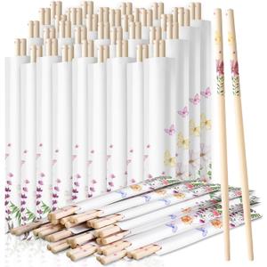 50 Pairs Cherry Blossom Chopsticks Bulk with Sleeved Blue Flower Disposable Bamboo Eucalyptus Chopsticks Wedding Favors Chinese Japanese Food Supply for Takeout Picnic(Wildflower)