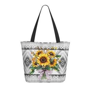 Quelindra Women'S Tote Shoulder Bag，Cute Floral Polyester Shopping Tote Bag， Sunflower Aztec Tote Bag， Black White Handbag， Waterproof Lightweight Travel Shopping Bag