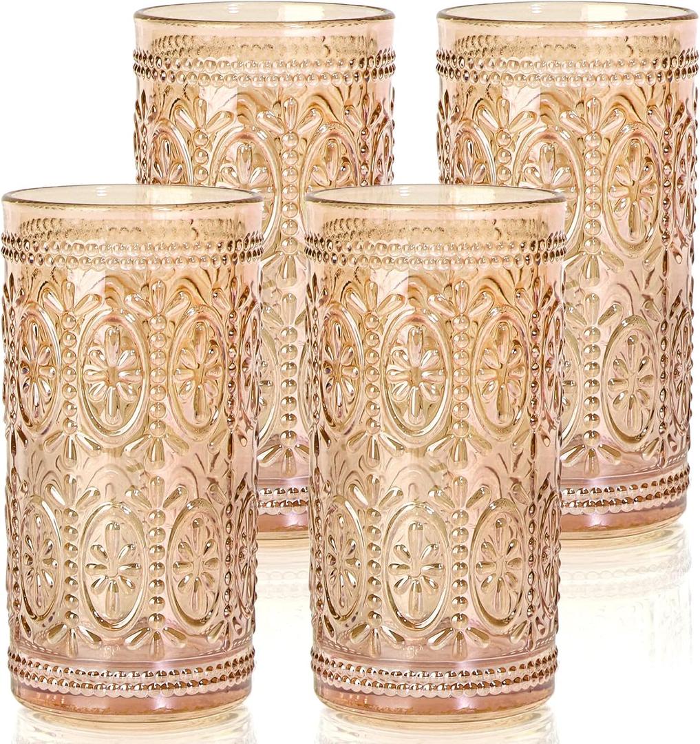 Glassware set of 4 Vintage Drinking Glasses, 12oz Amber Heavy Duty Glass Cups, Old Fashioned Glass, Highball Glasses Set for Party Wedding Home Office Glassesware Gift