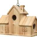 STARSWR Bird Houses for Outside,Outdoor 3 Hole Bird House Room for 3 Bird Families Bluebird Finch Cardinals Wooden Hanging Birdhouse for Garden