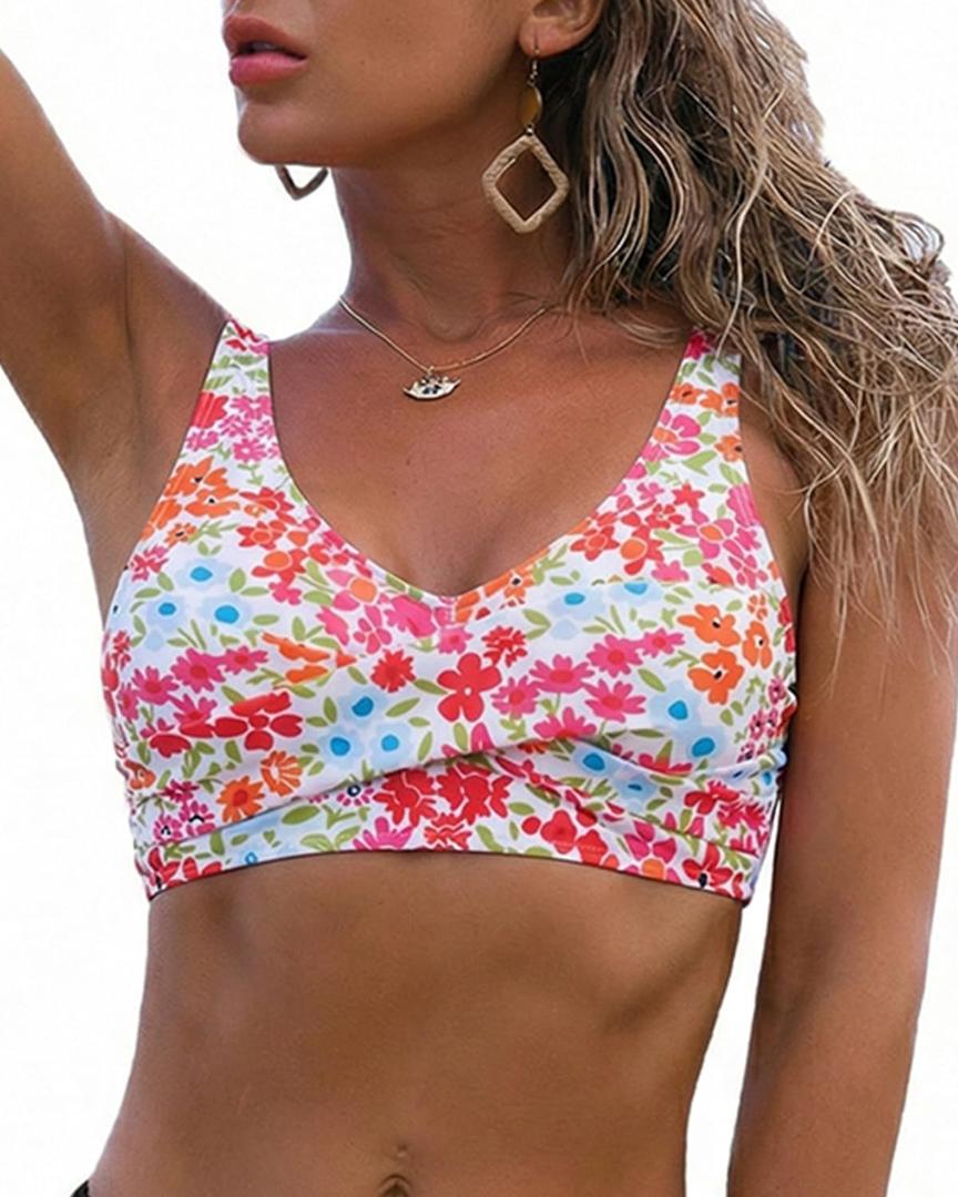 Fanuerg Women's Twist Front Bikini Top V Neck Push Up Padded Swimsuit Top Bathing Suits Pink Floral, Small