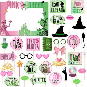36 Pcs Pink and Green Witch Theme Photo Booth Props Set Birthday Party Decorations Photo Booth Frame Props Pink Goes Good with Green Party Supplies for Halloween Girls Princess Photography