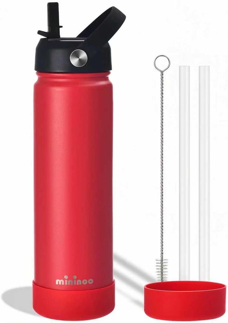 Mininoo Insulated Stainless Steel Water Bottle with Straw, Ceramic-Lined, BPA-Free & Leak-Proof, 24 oz, Red