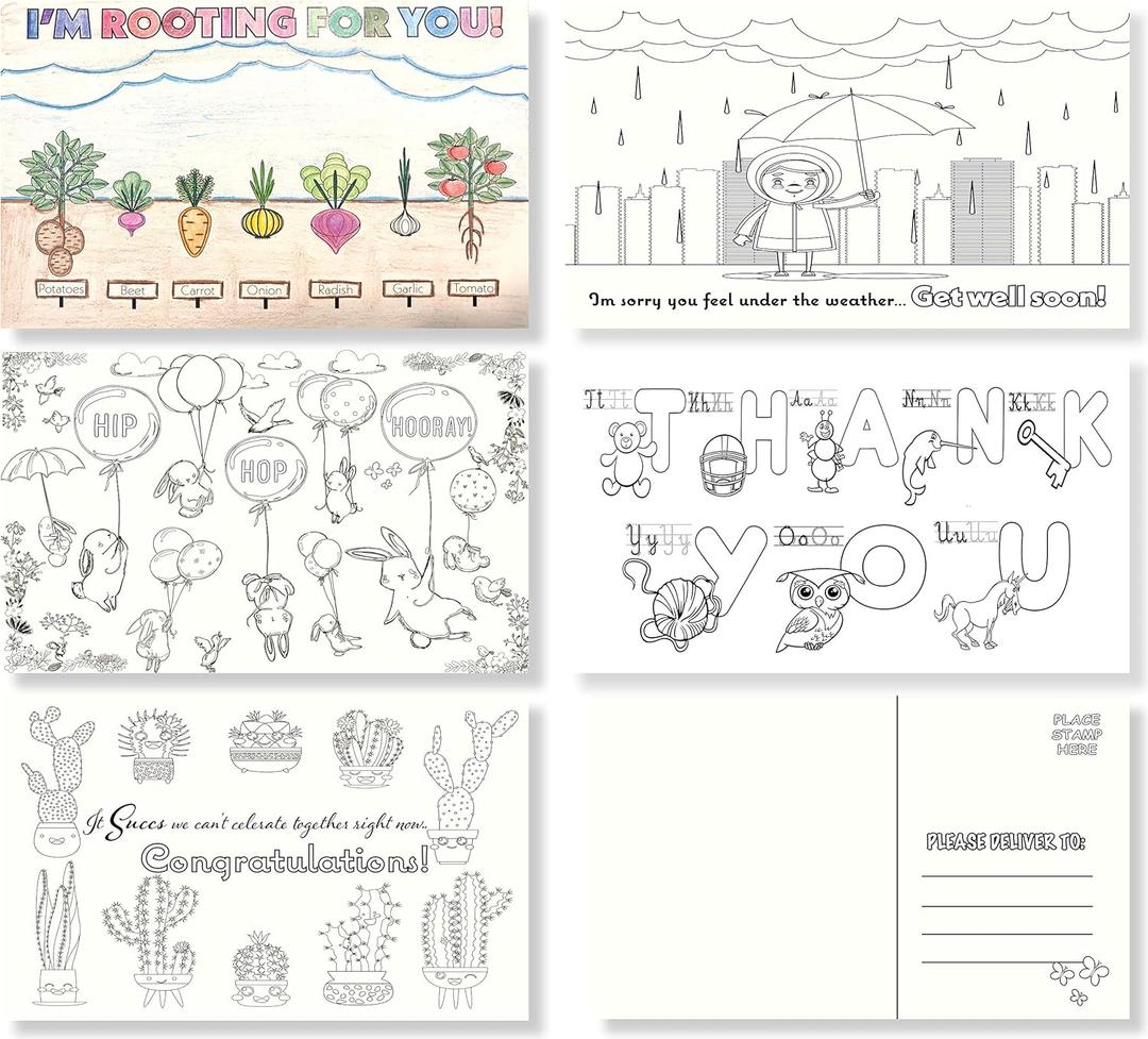 25 Colorable Postcards for Kids or Teachers- Bulk Assortment Value Pack  Variety of Blank 4x6 cards to say Miss You, Thinking of you, Hello to Family, Friends, Teachers, and Students. (All Occasions)