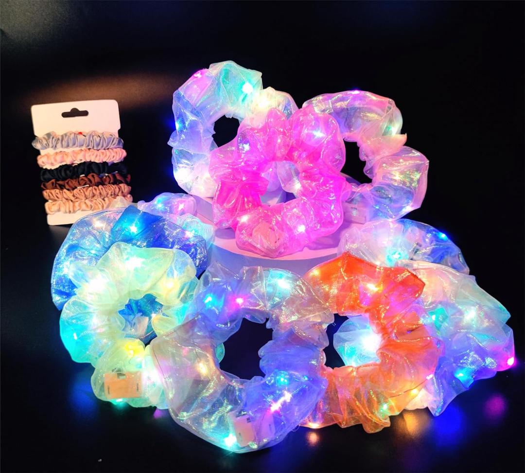 10Pcs Light Up Scrunchies Party Favor, Gifts for Mother Girls, LED Scrunchy Hair Ties for Women Hair 80s, Glow in the Dark Party Supplies Festival Rave Accessories for Neon Glow Party
