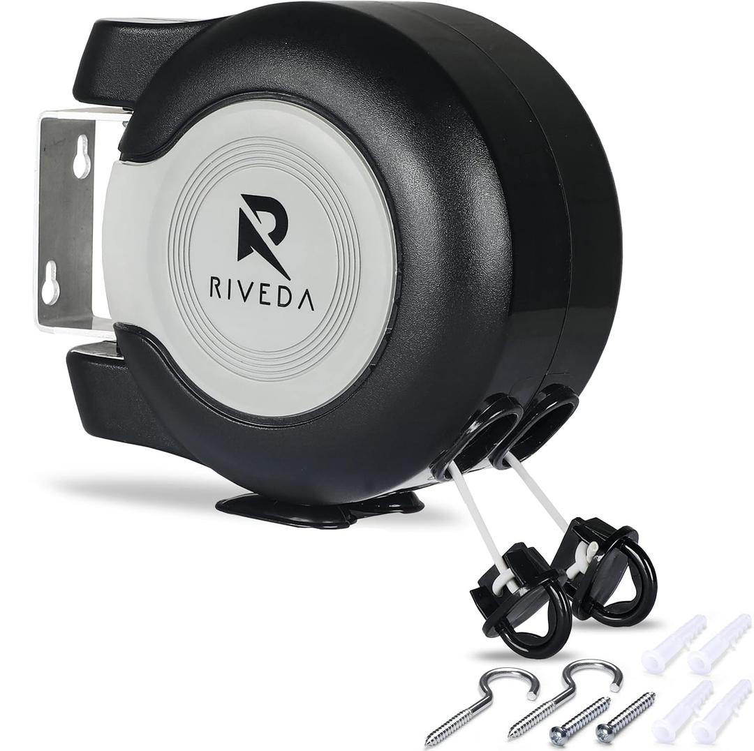 RIVEDA Dual Retractable Clothesline 49 ft Each Line - Heavy Duty Clothes Line Indoor & Outdoor Laundry Line -Double Clothing line - Easy Installation (Black)