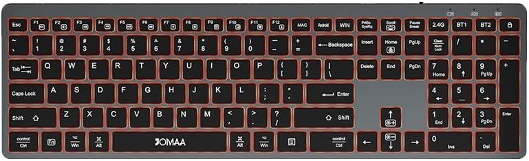 JOMAA Dual Mode Wireless Keyboard, 2.4G Bluetooth 3 Devices Switch, Quiet Scissor Switch Keys, Backlit with Multimedia Shortcut Keys, for Windows/Mac/iOS/Android PC Laptop Tablet