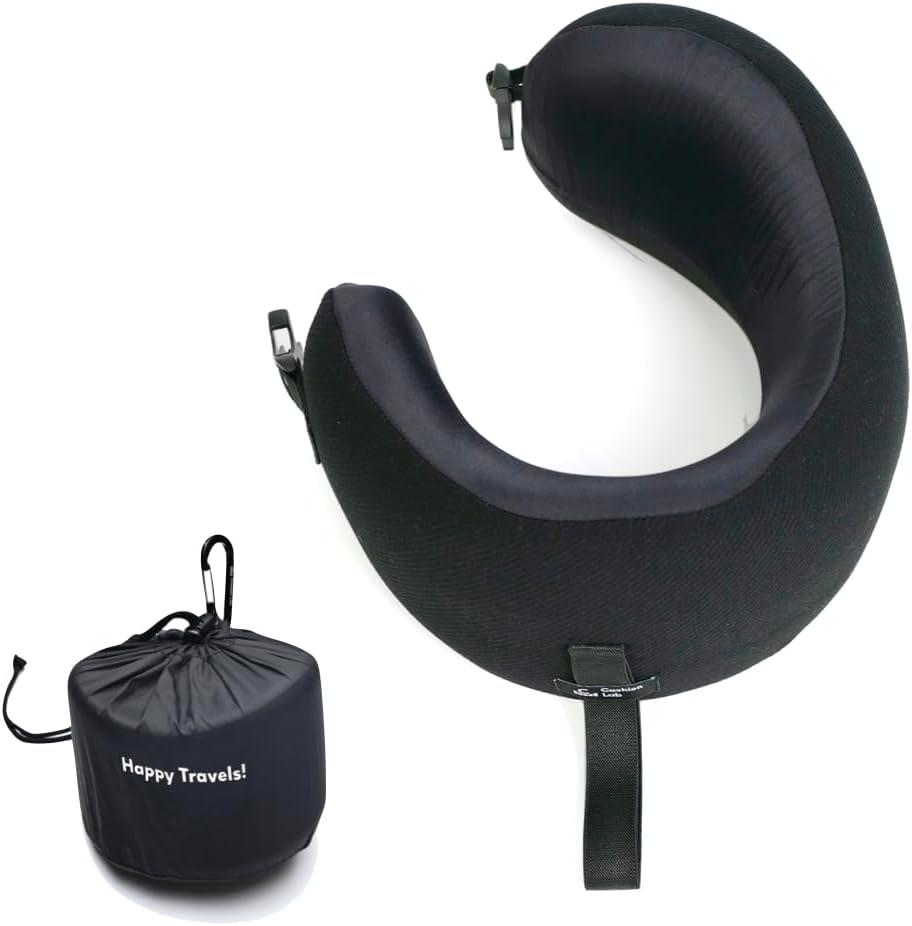 C CUSHION LAB Extra Support Travel Pillow, Award-Winning Patented Ergonomic Design for Chin & Neck Support Memory Foam Neck Pillow, Compact Airplane Pillow for Traveling, Flight, Car (Black, Medium)