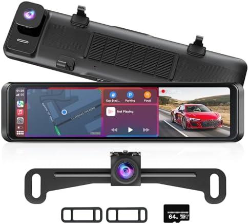 4K Rear View Mirror Camera with Carplay & Android Auto: 11.26" Smart Touch Screen Mirror Dash Cam Front and Rear with Voice Control, Parking Monitor, Reverse Assist for Car Truck SUV Van (64GB Card)