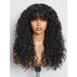 GORGIUS Veralux Blend Shaggy Haircuts Natural Black Curly Wig with Bangs Crafted with Style-Archive Technology: Premium Fiber & Remy Human Hair Blended, Realistic Look with True Scalp (20 Inch)