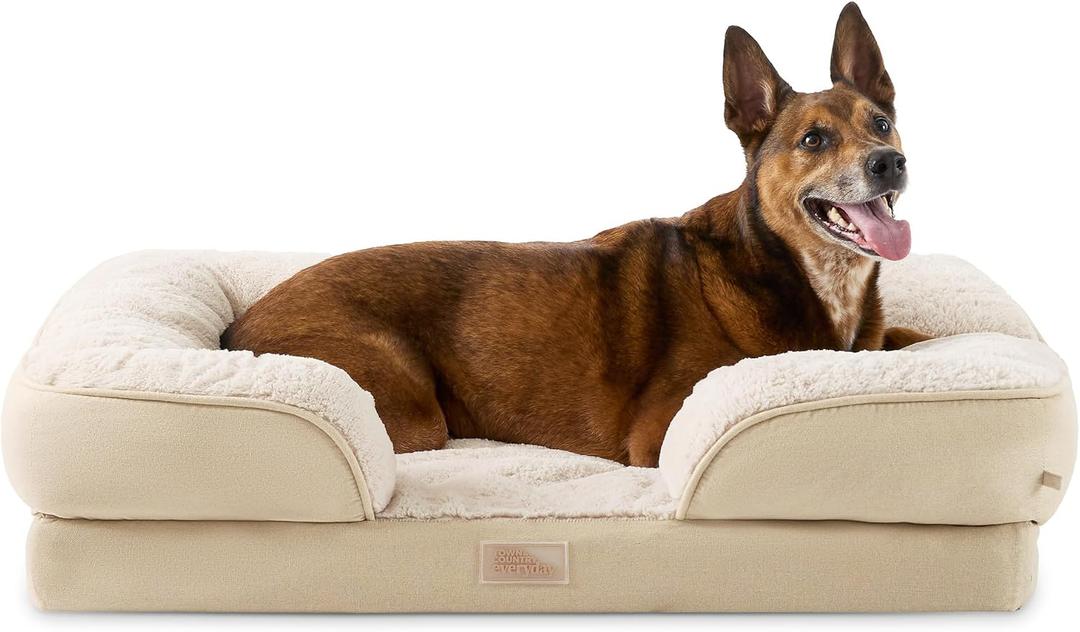 Town & Country Everyday CuddleTown Comfy Solid Bolster Sofa Pet Bed, Supportive & Calming Egg Crate Foam, Non-Slip Bottom, Machine Washable Cover, Beige, Large 35"x25"x8"
