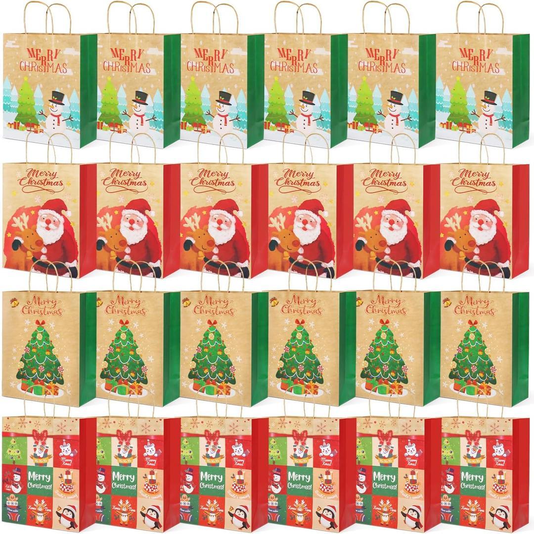 PARSUP 24PCS Medium Christmas Kraft Gift Bags Assorted Styles Bags Xmas Small Paper Bags with Handles Goodie Bags with Christmas Prints for Xmas Gift Wrapping Party Supplies
