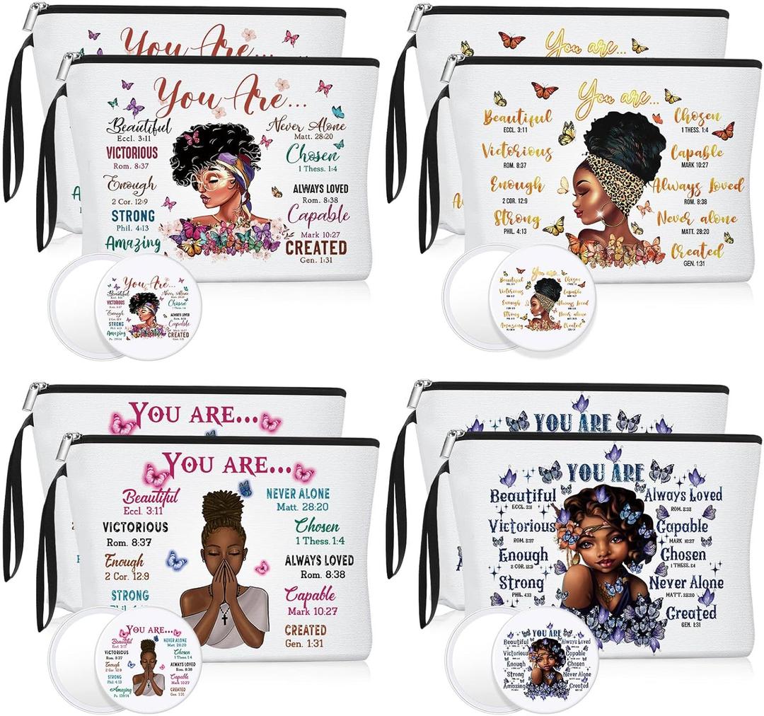 Roowest 20 Pcs Black Women Gifts Bulk Makeup Bag with Inspirational Compact Mirrors, Funny Small Travel Cosmetic Gifts for Mother Day Black Women