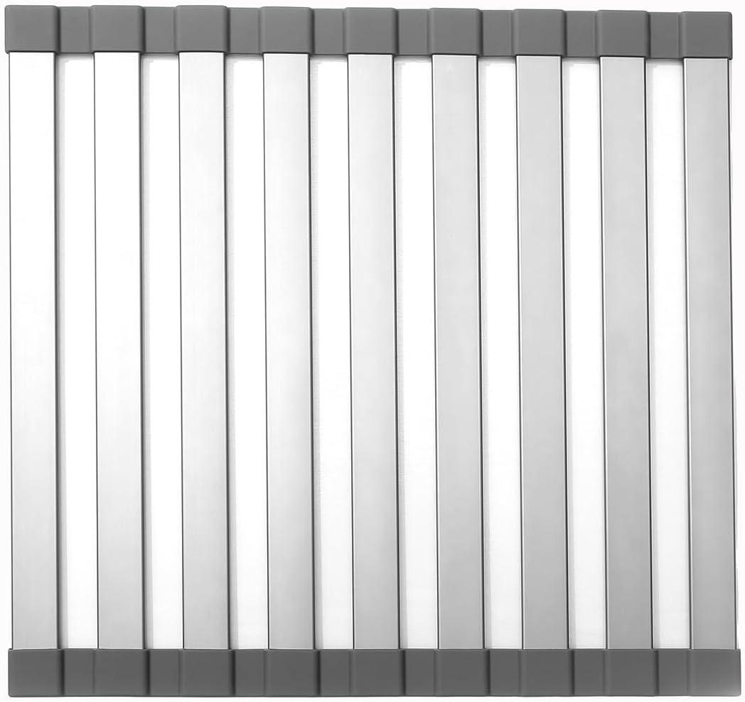 Mistifi Large Rollable Dish Drying Rack, Over The Sink Drying Rack Sink Cover Kitchen Sink Accessories Kitchen Rolling up alluminum Drainer, Foldable, Rollable (Black 17.9''）