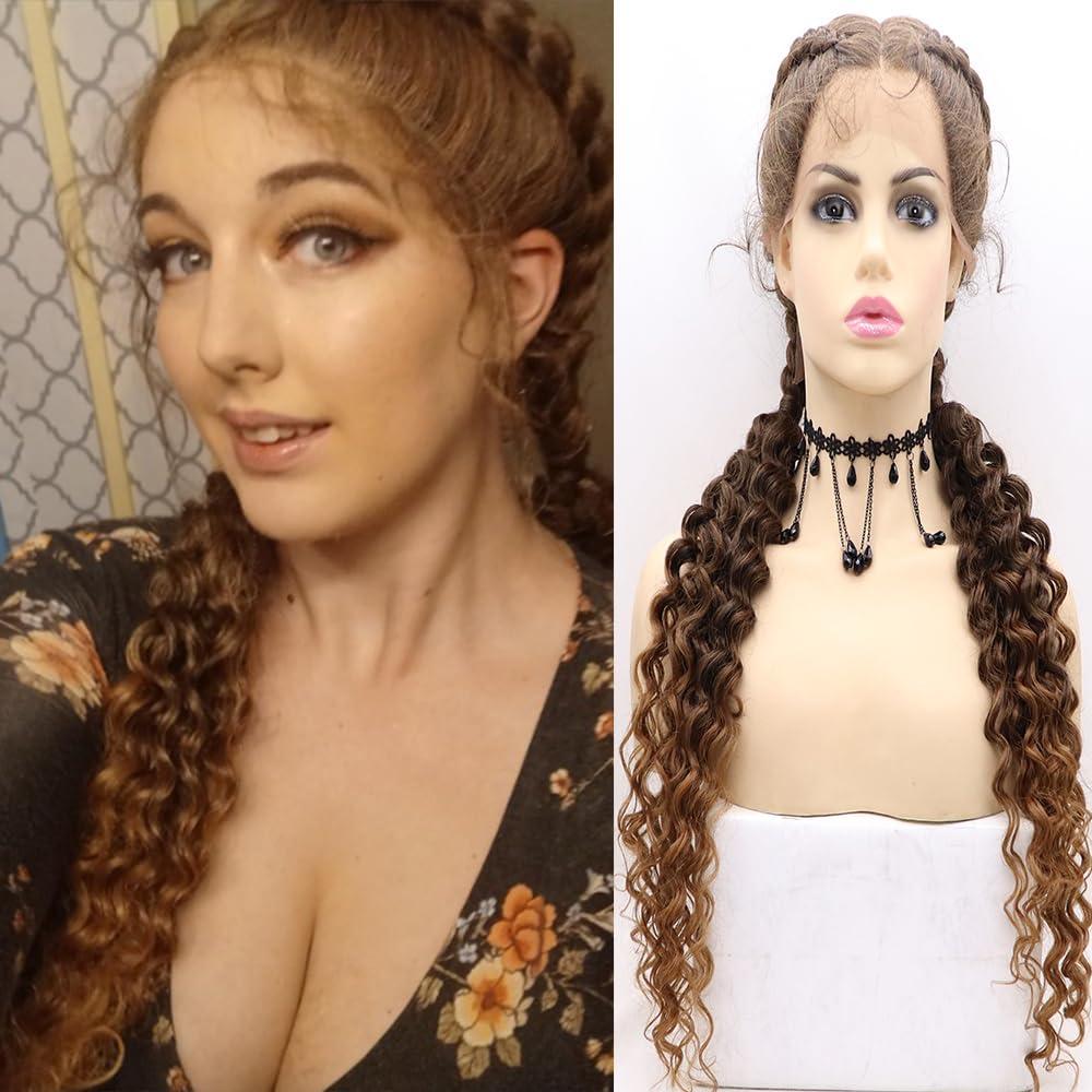 xiweiya 26inch Mixed Burgundy Double Dutch Braided Wigs Pure Human Hand Bouncy Curly Ombre Wine Red Lace Front Wig with Baby Hair for Women