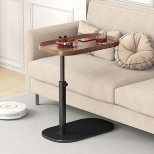C Shaped Side Table Adjustable Height, 360Swivel C Shaped End Table, Couch Side Tables That Slide Under, Small Coffee C Table End Table for Sofa/Bed/Bathtub, Rotating Elevate Tabletop (walnut)