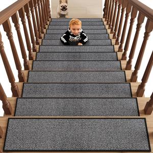 Pack of 7 8X30 Inches Non Slip Stair Treads for Wooden Steps Indoor, Machine Washable Rubber Backing Stair-Runners for Wooden Steps, Residue Free Carpet Stair Treads for Kids and Dogs (Black)