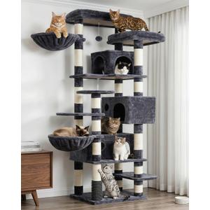Hey-brother Cat Tree, 74 inches Multi-Level XL Large Cat Tower for Indoor Cats with Three Cat Condos, Two Large Top Decks and Cat Hairbrushfor Kittens, Cats and Pets, Smoky Gray MPJ035-MG