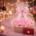 Eternal Rose Flower Basket with LED Lights, Natural Preserved Roses Gift Box with Bow, Elegant Present for Wife, Mom, Girlfriend, Grandma, Graduation (Pink Roses, Standard)