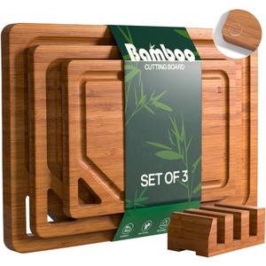 Bamboo Cutting Boards for Kitchen, Wood Cutting Boards with Deep Juice Grooves, 3-Pack Bamboo Cutting Board Set with Holder, Chopping Board & Charcuterie Board for Meal Prep & Serving