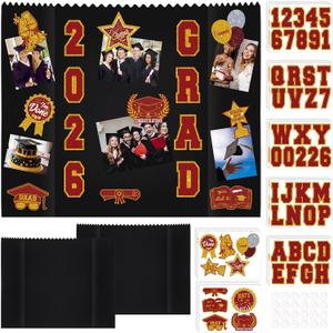 AmazingSpark 2 Sets 40 x 28 Large Trifold Poster Board for Graduation Photo Display Board with 12 Grad Themed Stickers for 2026 Presentation Party Decor Event Collage Frame Supplies (Red Gold)