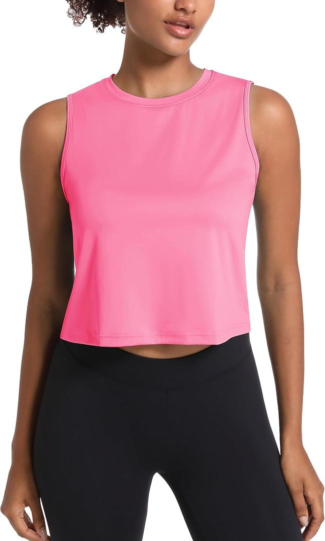 MAGCOMSEN Women's Workout Cropped Tops UPF 50+ Athletic Running Tank Tops Sleeveless Gym Sports Muscle Shirts (Pink, L)