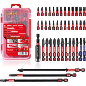 42pieces Screwdriver Bits Set, Impact Magnetic S2 Steel Multi Insert Power Bits Tips with Impact Bit Holder with Storage Box（PH/TORX/SQ/PZ/HEX/SL）
