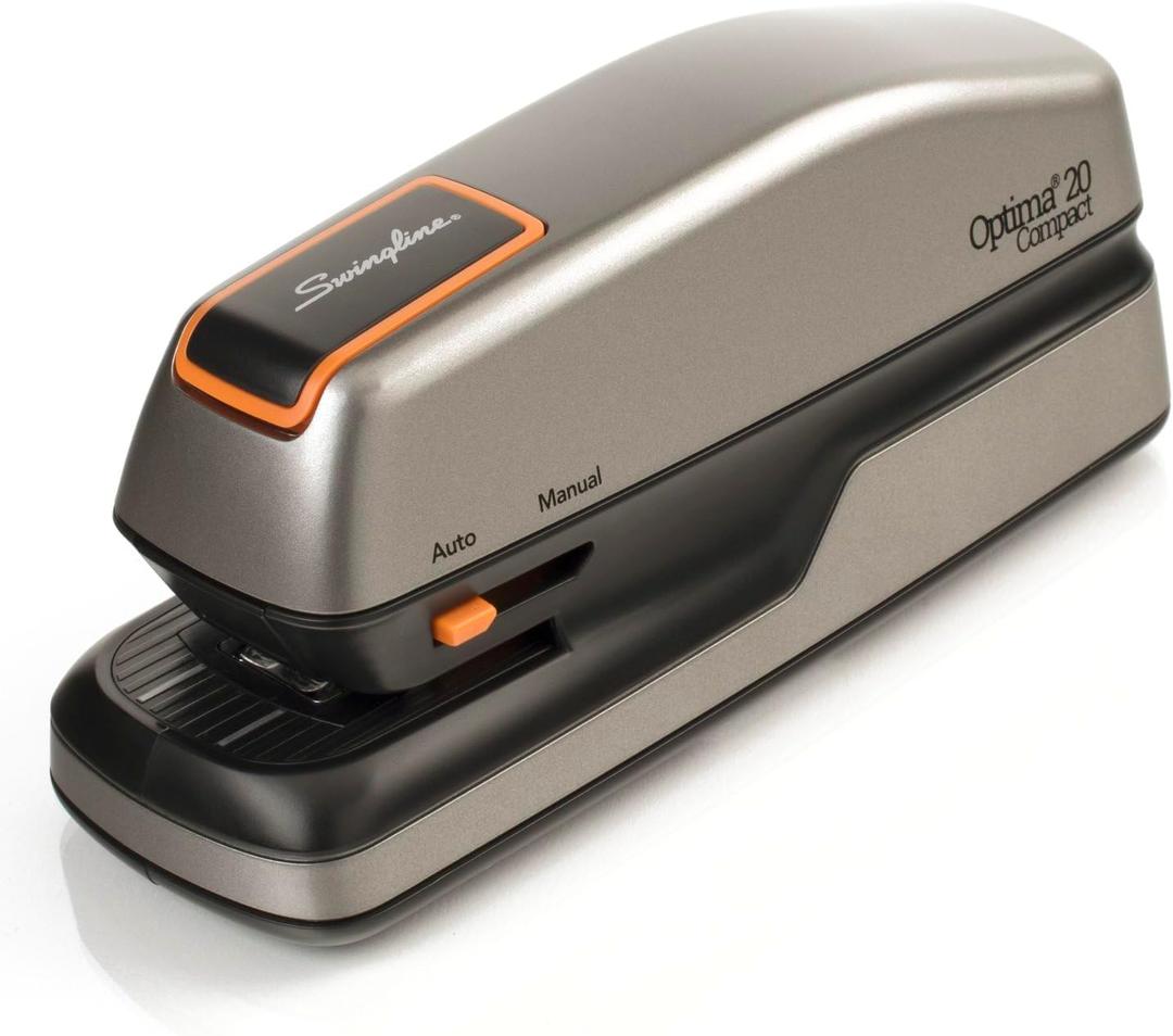 Swingline Electric Stapler, 20 Sheet Capacity, Optima 20, Jam Free, Compact, Automatic or Manual, Plug In or Battery, Orange and Gray (48207) (Half Strip)