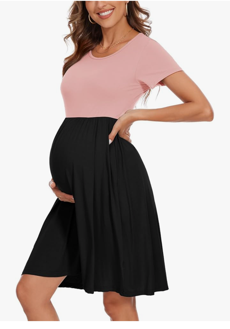 Women's Short Sleeve Maternity Dress Patchwork Pregnancy Clothes with Pockets XXL