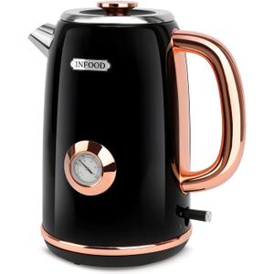 INFOOD Retro Electric Kettle 1.7L/57oz with Thermometer - 1500W Fast Boiling Stainless Steel Hot Water Tea Kettle, BPA-Free, Cordless, Auto Shut-Off, Boil-Dry Protection, Black