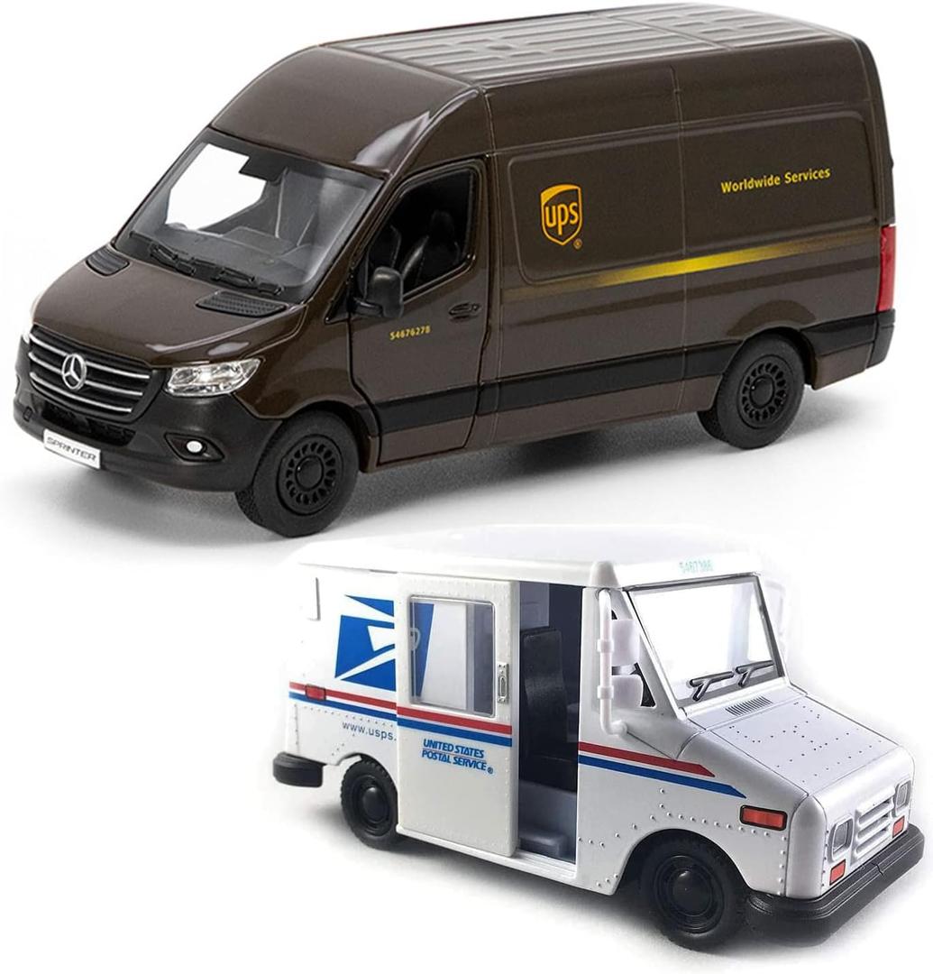 KiNSMART - UPS Mercedes-Benz Sprinter + United States Postal Mail Truck Grumman LLV 5 Inch Die Cast Metal Model Toy Van & Trucks SetOf2