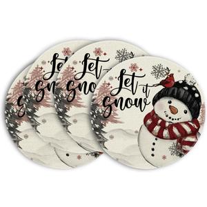 Artoid Mode Xmas Trees Let It Snow Snowman Christmas Round Placemats Set of 4, 14 Inch Winter Round Table Mats for Dining Decoration (Black)