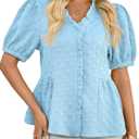 Cicy Bell Womens Peplum Puff Sleeve Tops Dressy Casual Summer Textured Blouses V Neck Ruffle Pleated Shirts (Medium, Sky Blue)