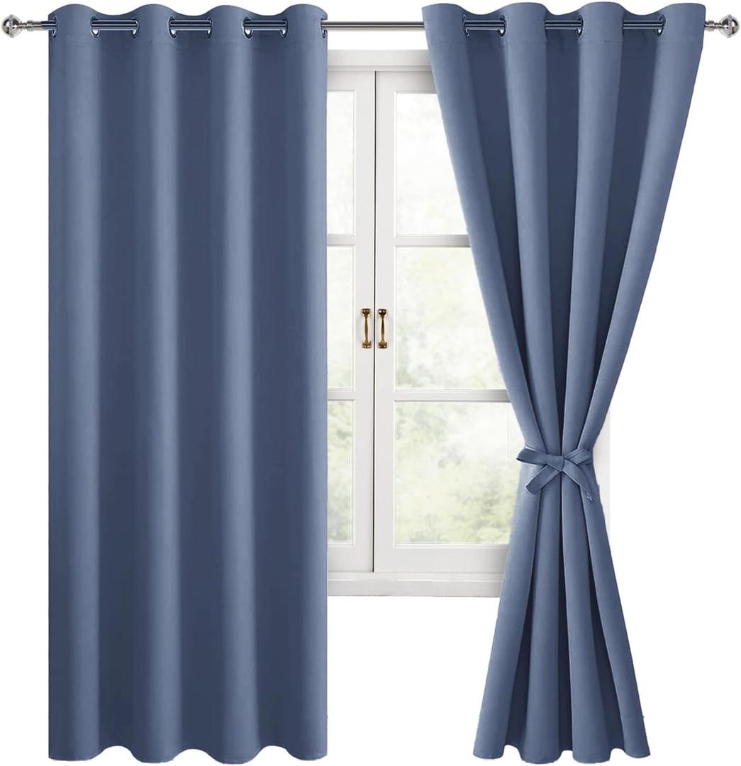 Hiasan Blackout Curtains for Bedroom, 52 x 63 Inches Length - Thermal Insulated & Light Blocking Window Curtains for Living Room/Kids Room, 2 Drape Panels Sewn with Tiebacks, Blue Haze