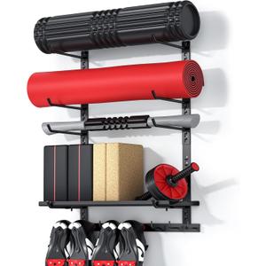 Home Gym Storage Shelf Only, Adjustable Gym Equipment Organizer Wall Mounted with 1 Board, Yoga Mat Holder, Storage Rack Compatible with Peloton Shoes & Mat, Shelf for Home Training Accessories