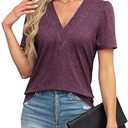 THANTH Womens Tops Dressy Casual V Neck Puff Short Sleeve Shirts Summer Loose Tunic Blouses T Shirts Trendy Tops Reddish Purple L