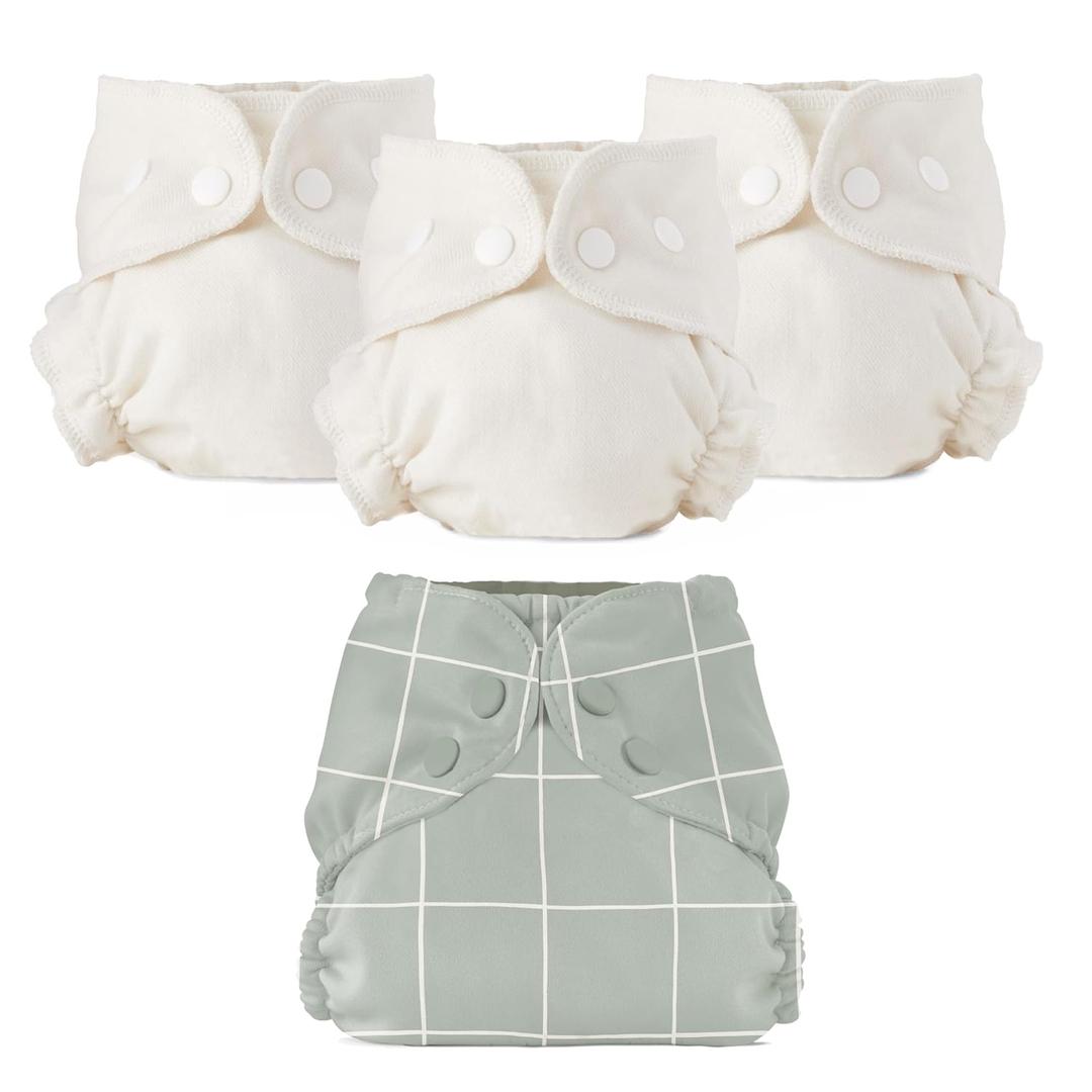 4 Esembly Cloth Diaper Bundle Set - 3 Organic Cotton Absorbent Inners and 1 Waterproof Outer Diaper Cover - Reusable, Washable, Snap Closure Cloth Diapers - Size 1 (7-17lbs), Lattice