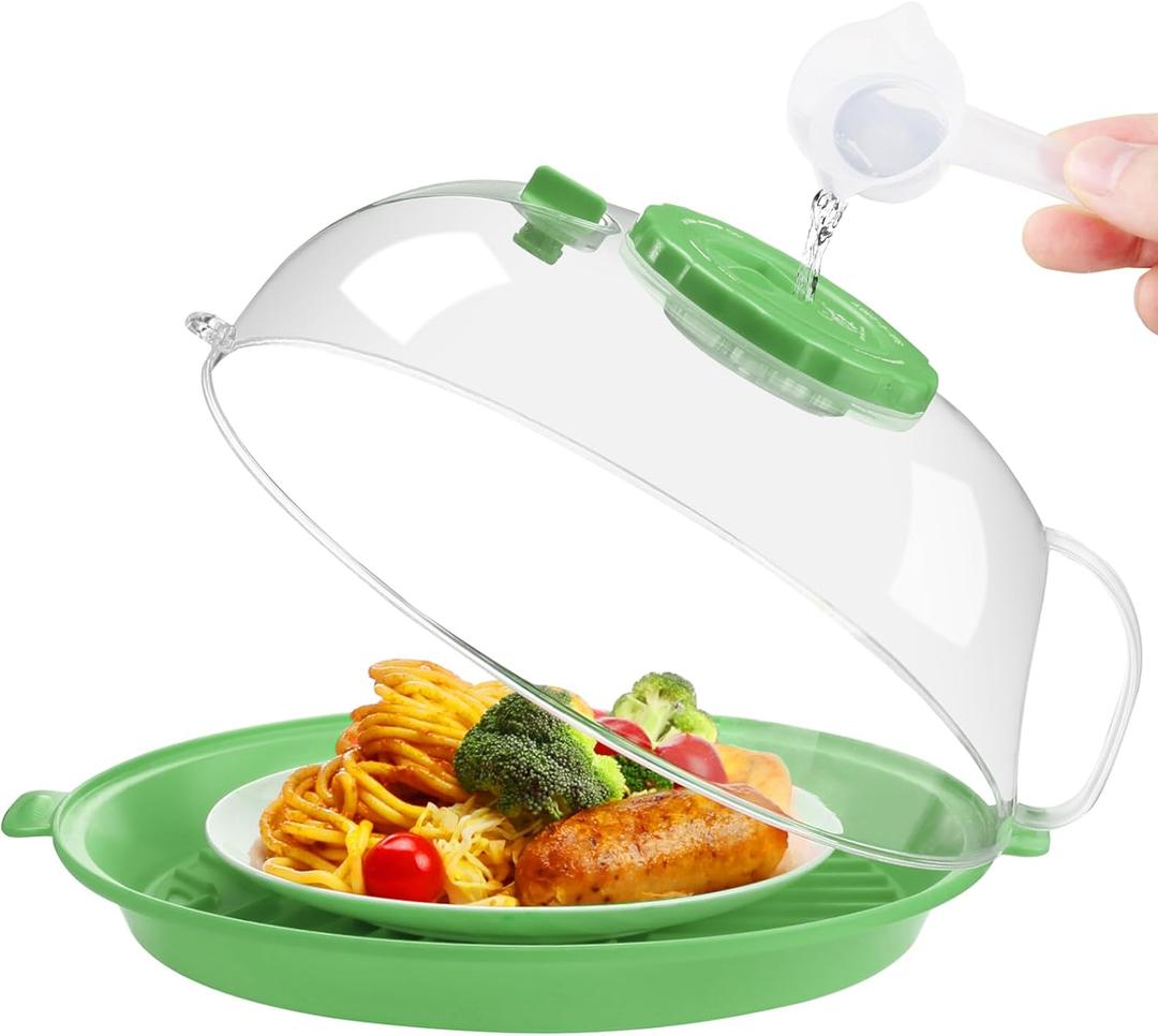 Microwave Splatter Cover Lid for Food 10.2 Inch with Water Steamer, Clear Microwave Splash Guard Cooker Lid with Plate, Dish Bowl Plate Serving Cover Cookware High Transparent Plastic Green