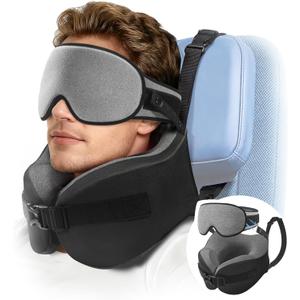 YFONG Travel Pillow for Long Flight Airplanes, Head Strap Combo with 3D Contoured Eye Mask for Sleep, Neck Pillow for Car Trip Essential, 360 Support Memory Foam Headrest, Prevent Head Bobbing, Grey
